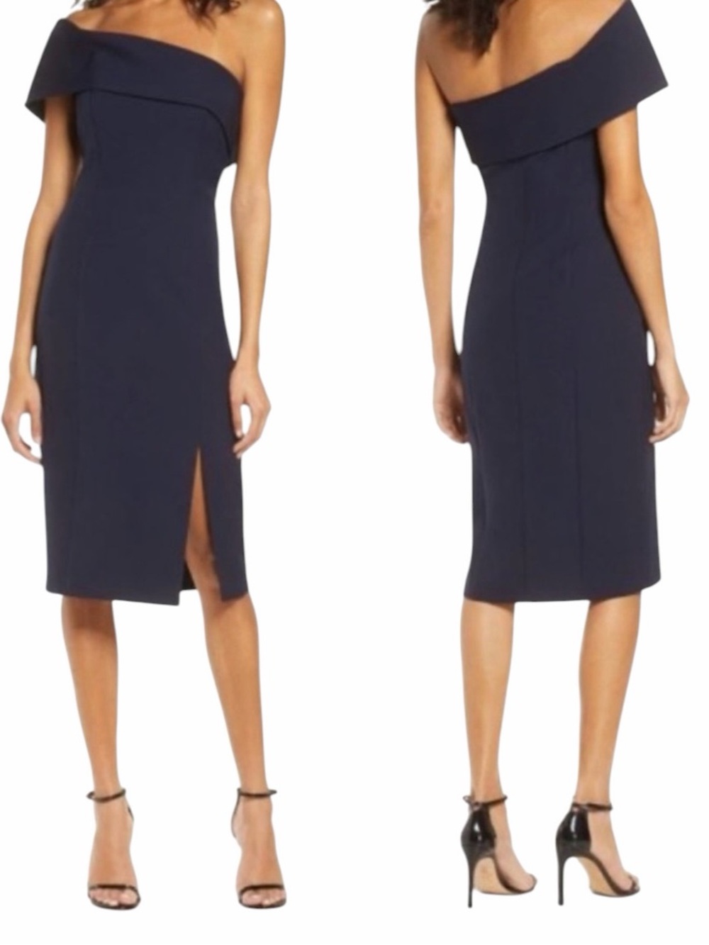 Eliza J Navy Off-Shoulder Sheath Dress with Front Slit